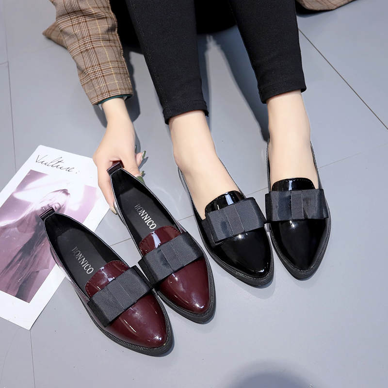 Women'S Fashion Loafers - Black/ Wine Red Patent Leather Pointed