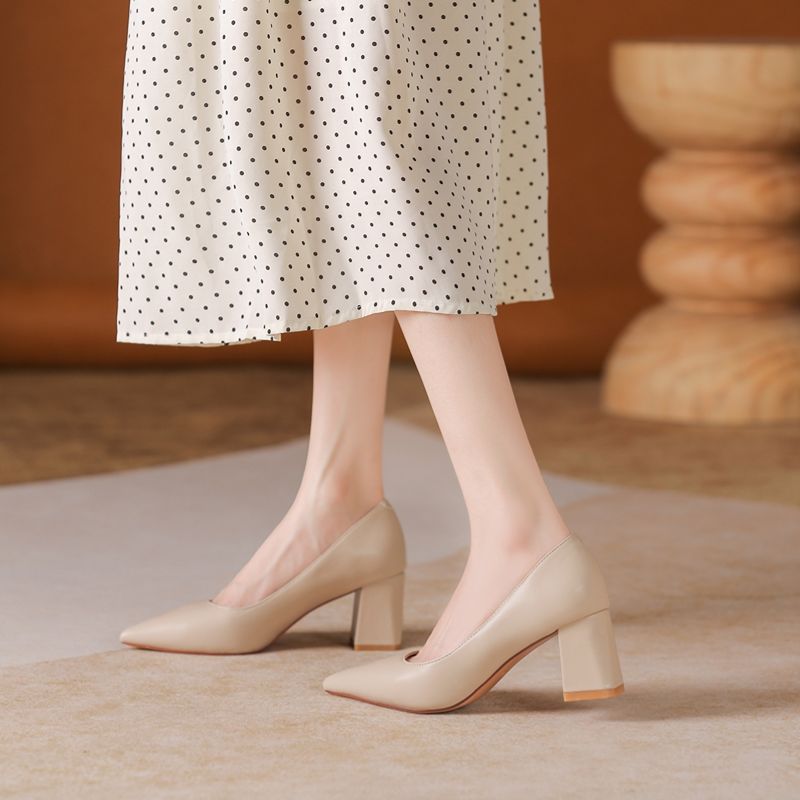 Women Fashion Model - Glossy Thick Heel Pointed Head Occupational